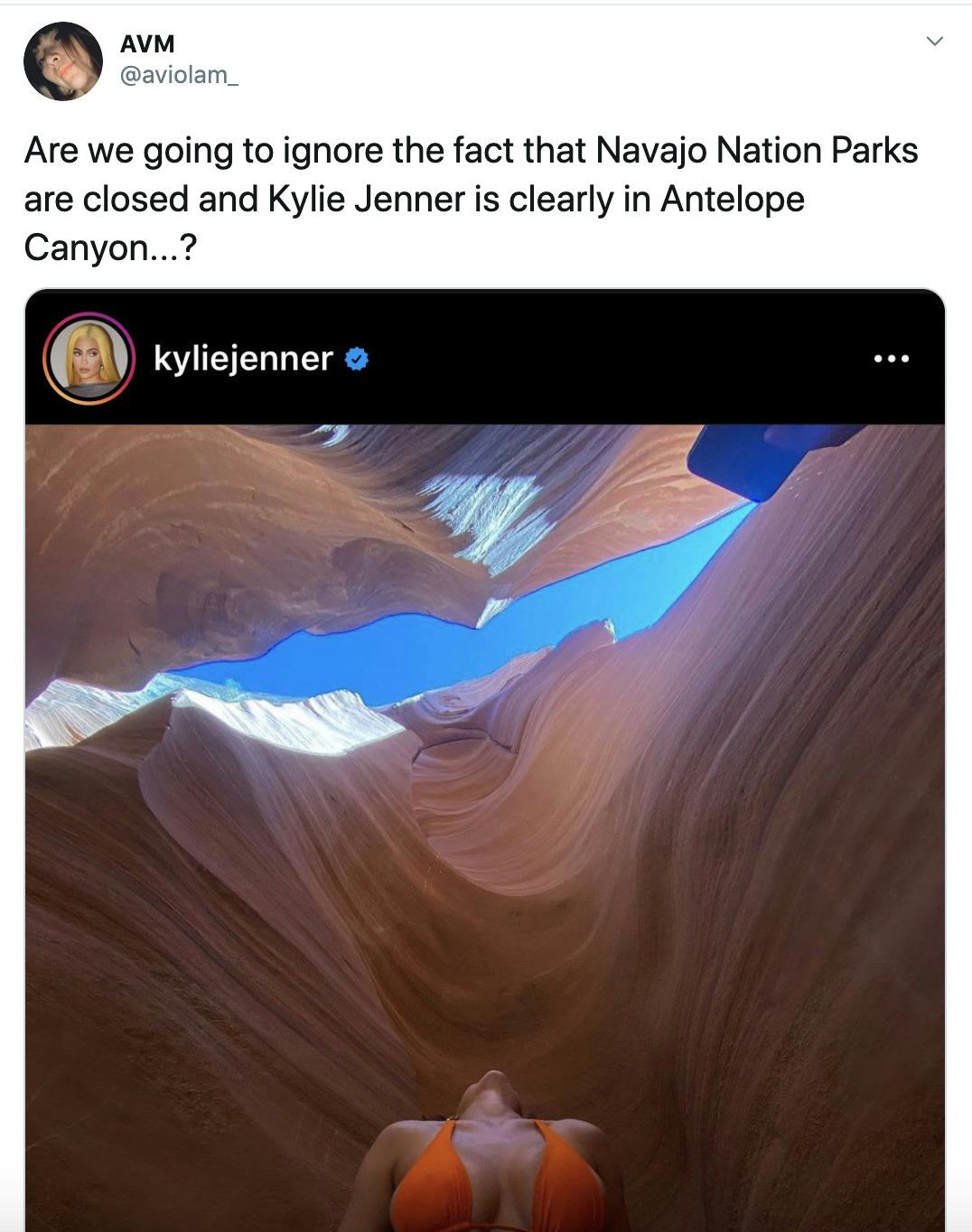'Are we going to ignore the fact that Navajo Nation Parks are closed and Kylie Jenner is clearly in Antelope Canyon...?' copy of the photograph