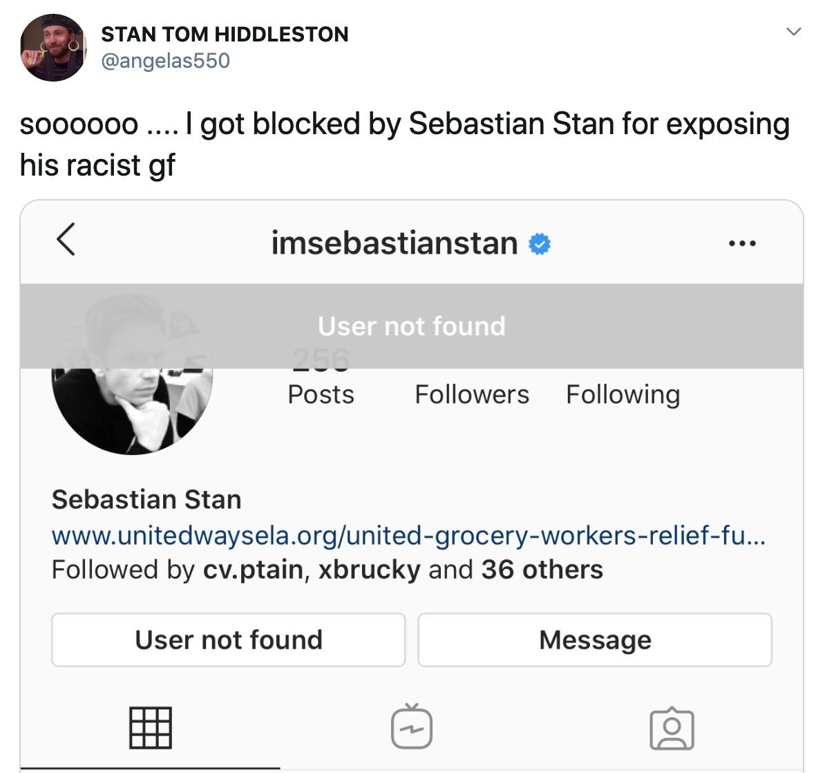 "soooooo .... I got blocked by Sebastian Stan for exposing his racist gf" screenshot of her blocked in instagram