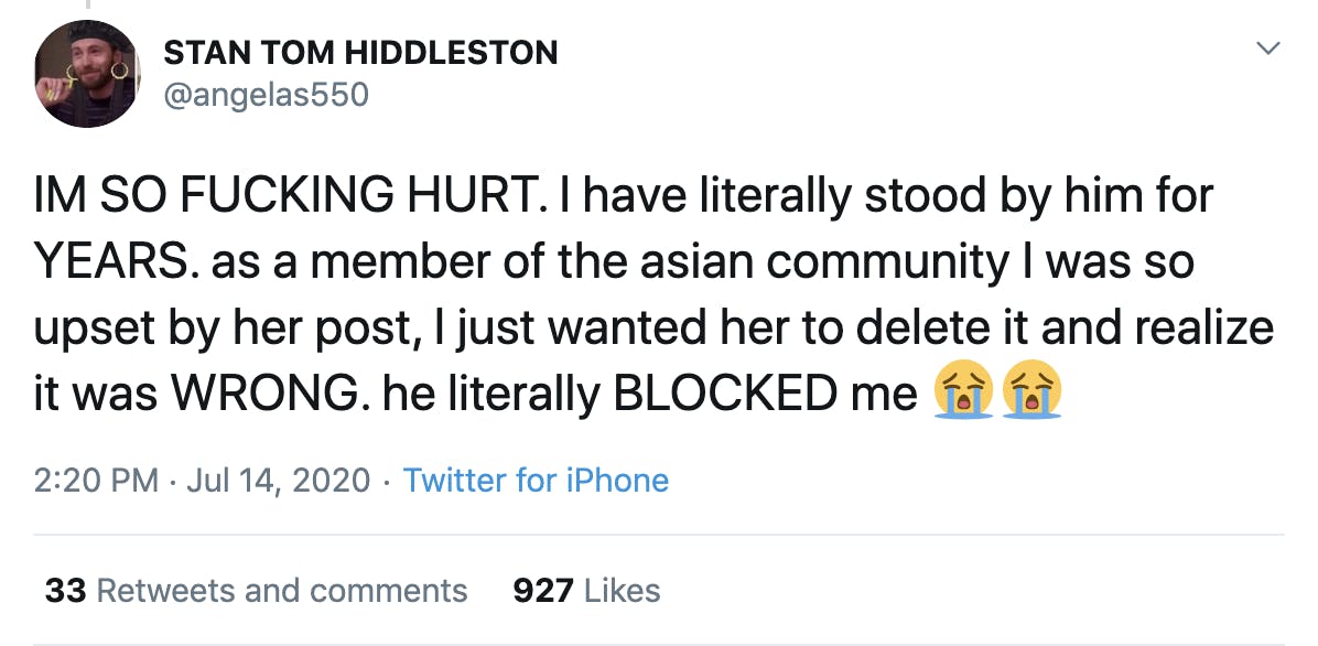 IM SO FUCKING HURT. I have literally stood by him for YEARS. as a member of the asian community I was so upset by her post, I just wanted her to delete it and realize it was WRONG. he literally BLOCKED me Loudly crying faceLoudly crying face
