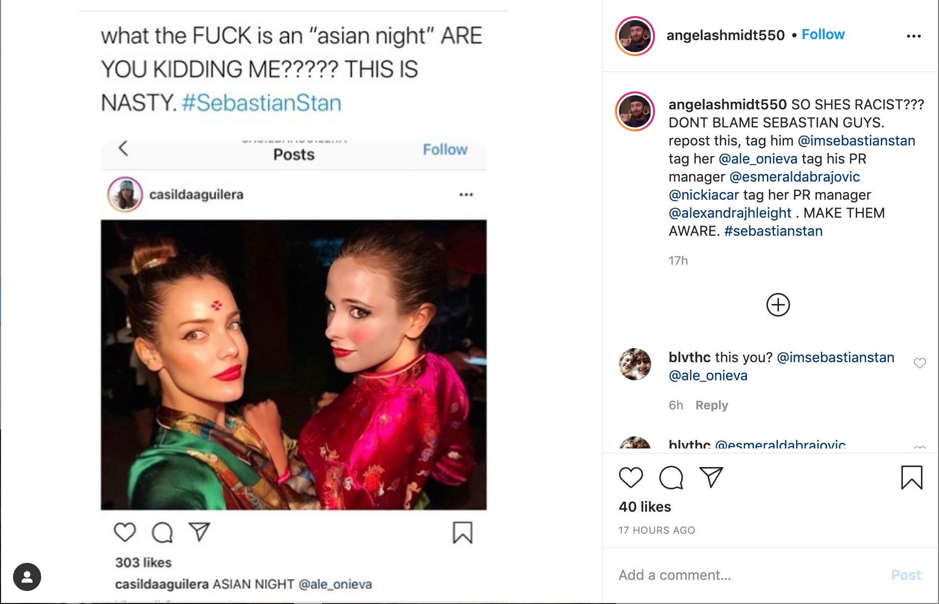 angelashmidt550 SO SHES RACIST??? DONT BLAME SEBASTIAN GUYS. repost this, tag him @imsebastianstan tag her @ale_onieva tag his PR manager @esmeraldabrajovic @nickiacar tag her PR manager @alexandrajhleight . MAKE THEM AWARE. #sebastianstan