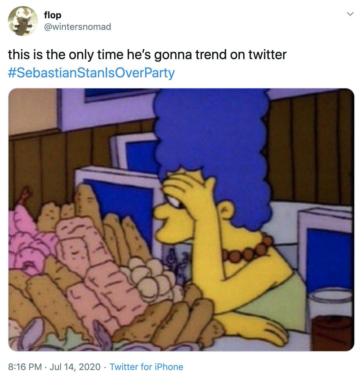 "this is the only time he’s gonna trend on twitter " gif of Marge Simpson covering her eyes in front of a pile of potatoes