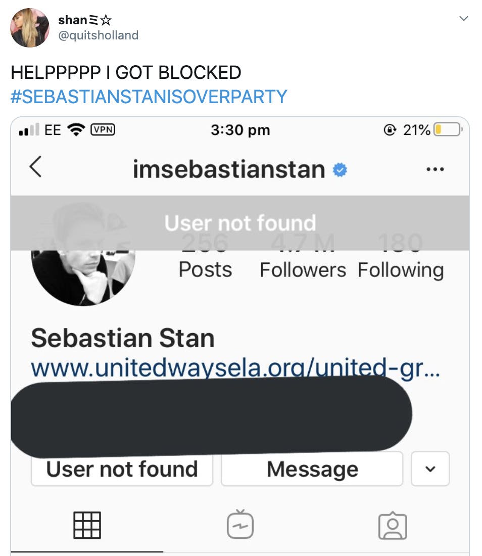 "HELPPPPP I GOT BLOCKED #SEBASTIANSTANISOVERPARTY" screenshot of her blocked on instagram