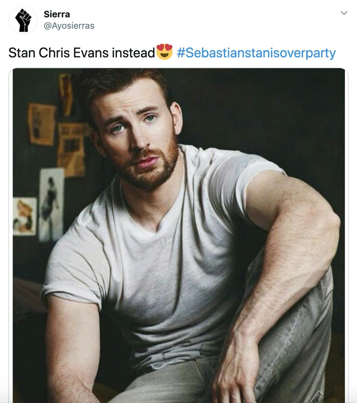 "Stan Chris Evans instead #sebeastianstaniscancelledparty" image of Chris Evans