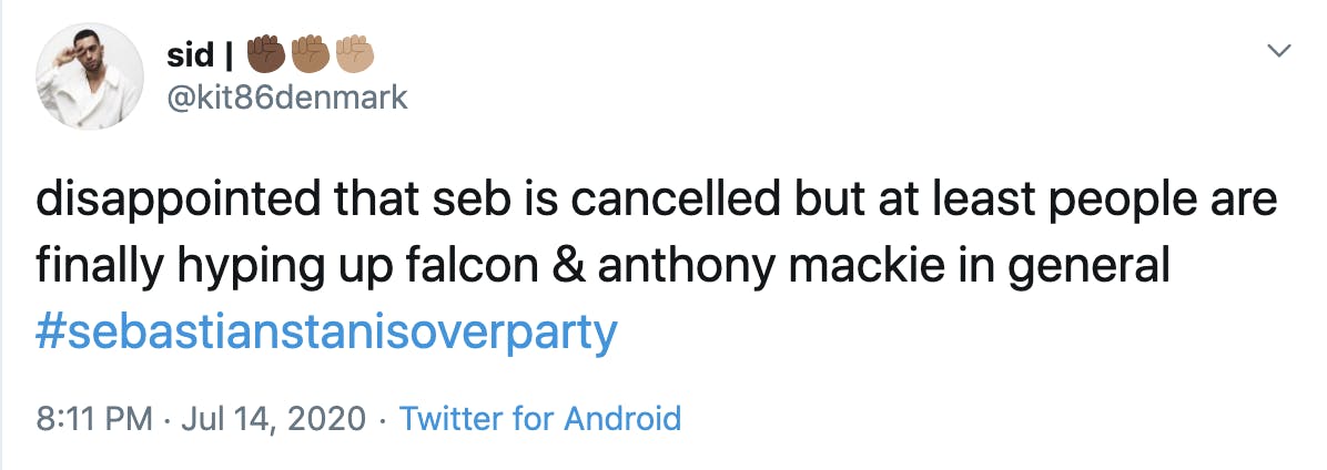 disappointed that seb is cancelled but at least people are finally hyping up falcon & anthony mackie in general #sebastianstanisoverparty