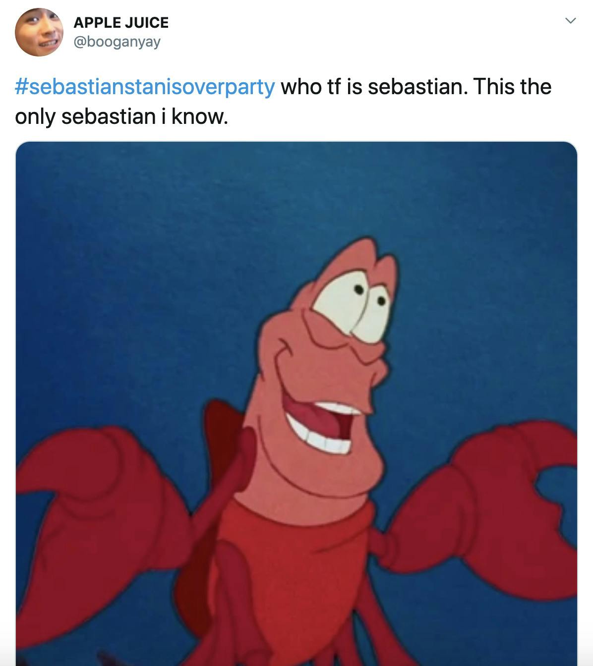 "#sebastianstanisoverparty who tf is sebastian. This the only sebastian i know." image os Sebastian from The Little Mermaid