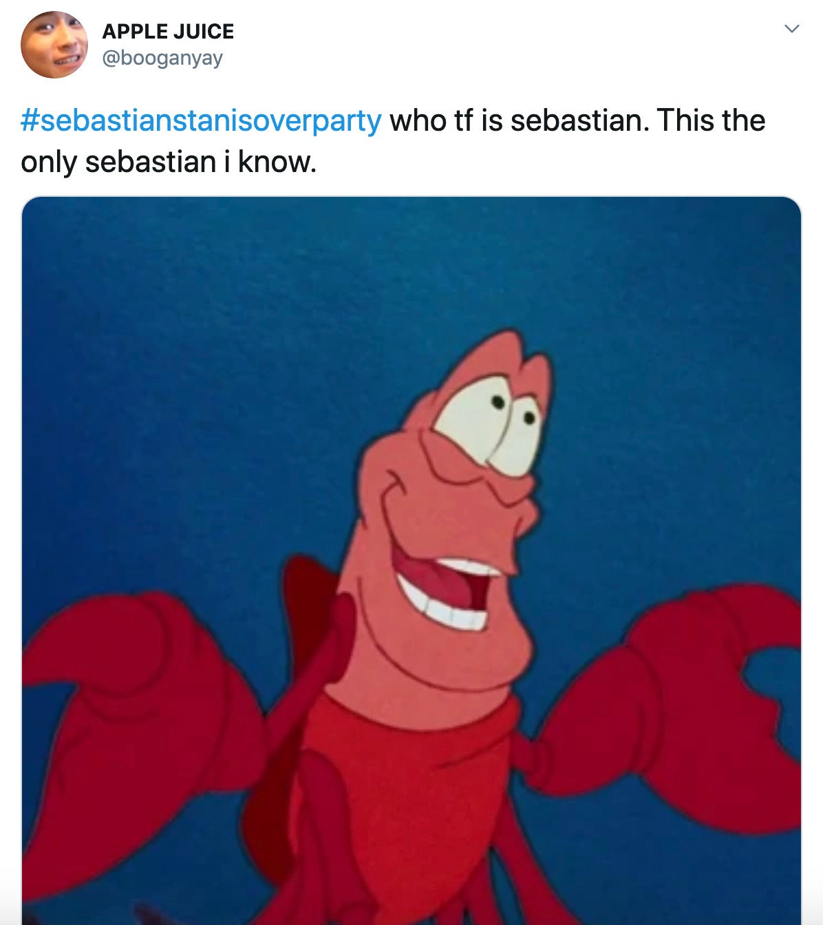 "#sebastianstanisoverparty who tf is sebastian. This the only sebastian i know." image os Sebastian from The Little Mermaid