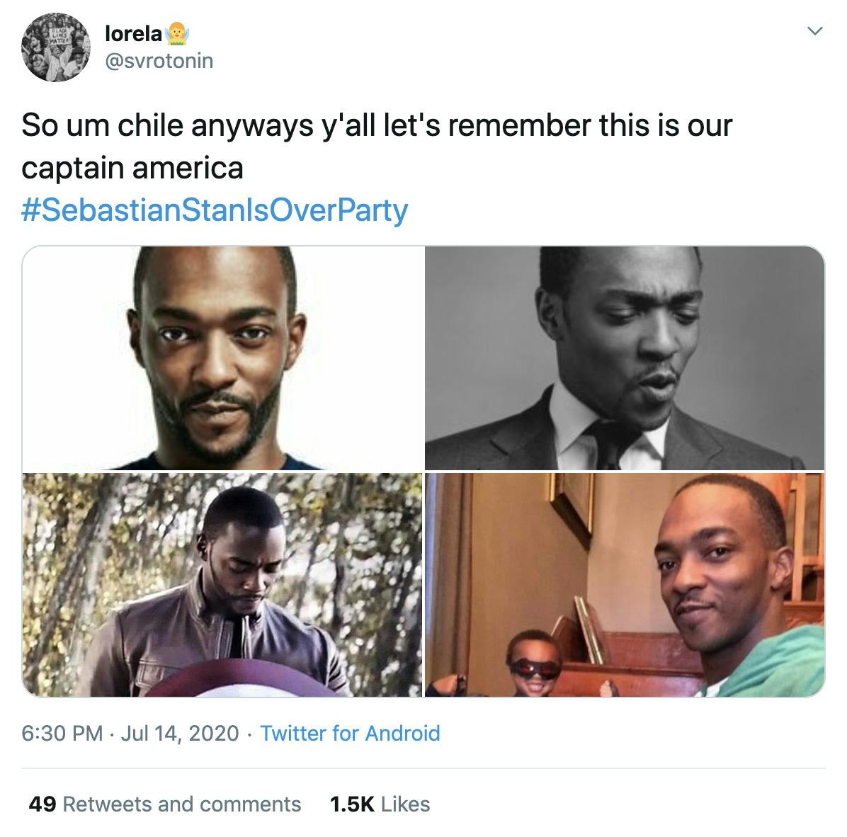 "So um chile anyways y'all let's remember this is our captain america #SebastianStanIsOverParty" four pictures of Anthony Mackie