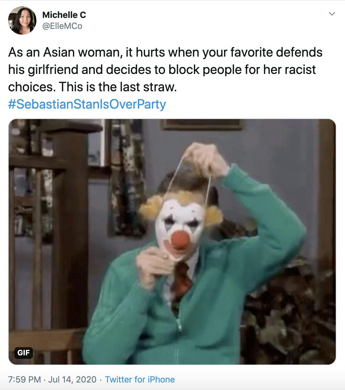 "As an Asian woman, it hurts when your favorite defends his girlfriend and decides to block people for her racist choices. This is the last straw. #SebastianStanIsOverParty" gif of Mr. Rogers putting on a clown mask