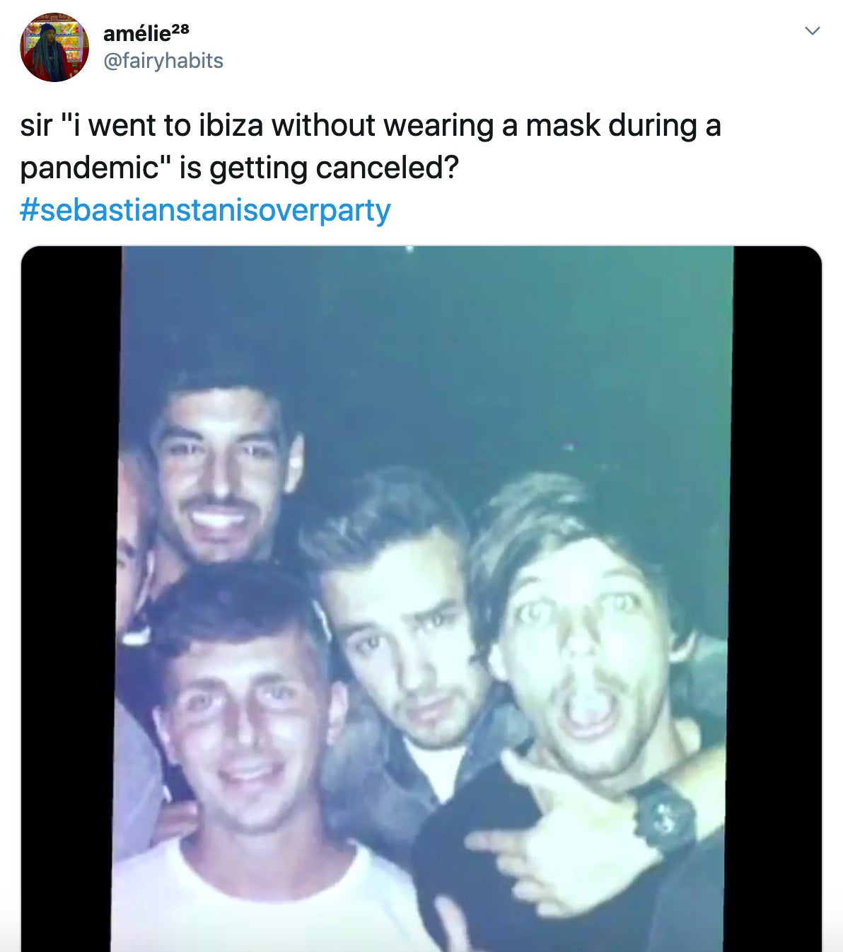 "sir "i went to ibiza without wearing a mask during a pandemic" is getting canceled? #sebastianstanisoverparty" gif of clubbing