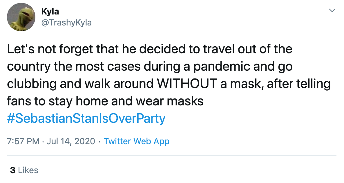 Let's not forget that he decided to travel out of the country the most cases during a pandemic and go clubbing and walk around WITHOUT a mask, after telling fans to stay home and wear masks #SebastianStanIsOverParty