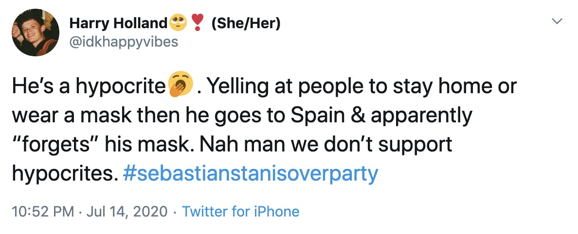 He’s a hypocrite🥱. Yelling at people to stay home or wear a mask then he goes to Spain & apparently “forgets” his mask. Nah man we don’t support hypocrites. #sebastianstanisoverparty