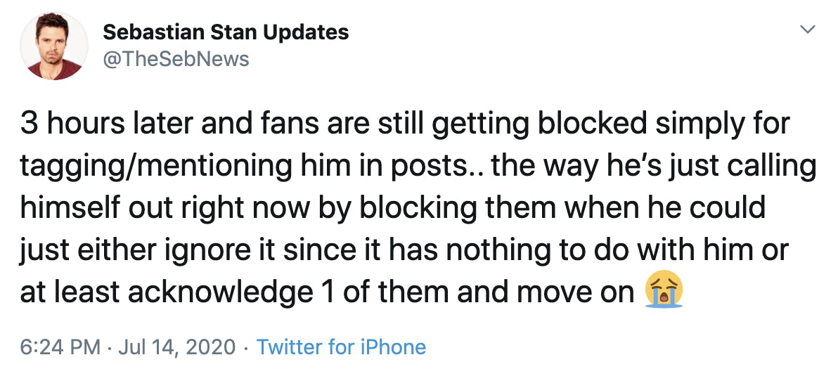 3 hours later and fans are still getting blocked simply for tagging/mentioning him in posts.. the way he’s just calling himself out right now by blocking them when he could just either ignore it since it has nothing to do with him or at least acknowledge 1 of them and move on Loudly crying face