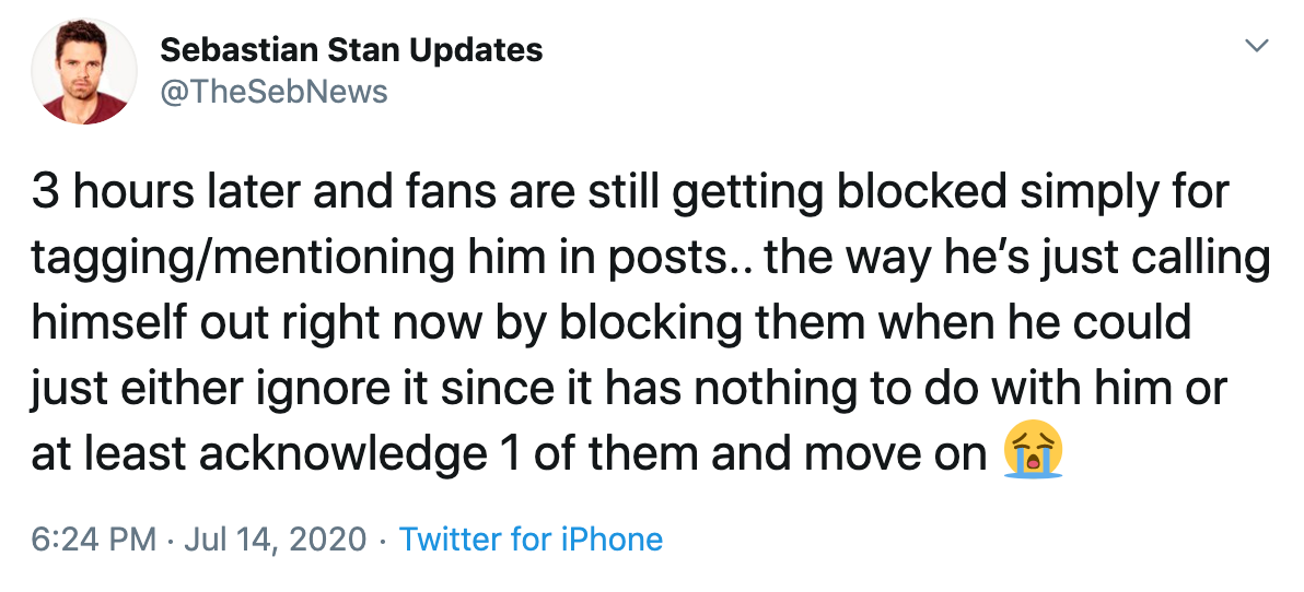 3 hours later and fans are still getting blocked simply for tagging/mentioning him in posts.. the way he’s just calling himself out right now by blocking them when he could just either ignore it since it has nothing to do with him or at least acknowledge 1 of them and move on Loudly crying face