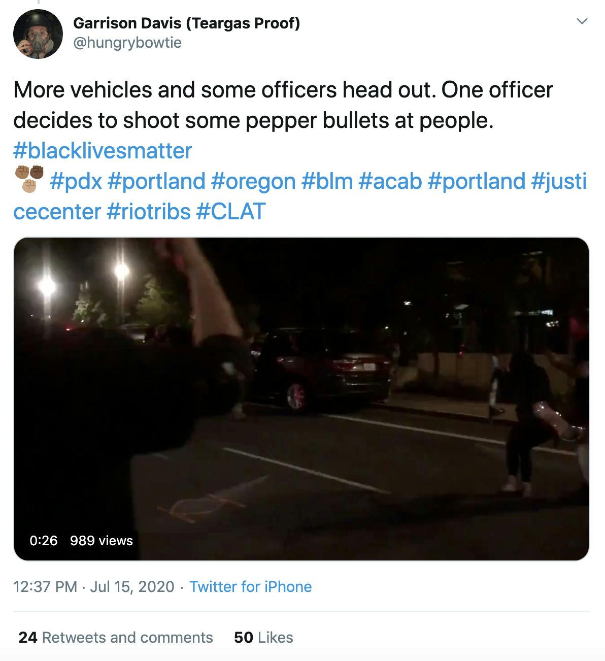 More vehicles and some officers head out. One officer decides to shoot some pepper bullets at people. #blacklivesmatter #pdx #portland #oregon #blm #acab #portland #justicecenter #riotribs #CLAT" video footage