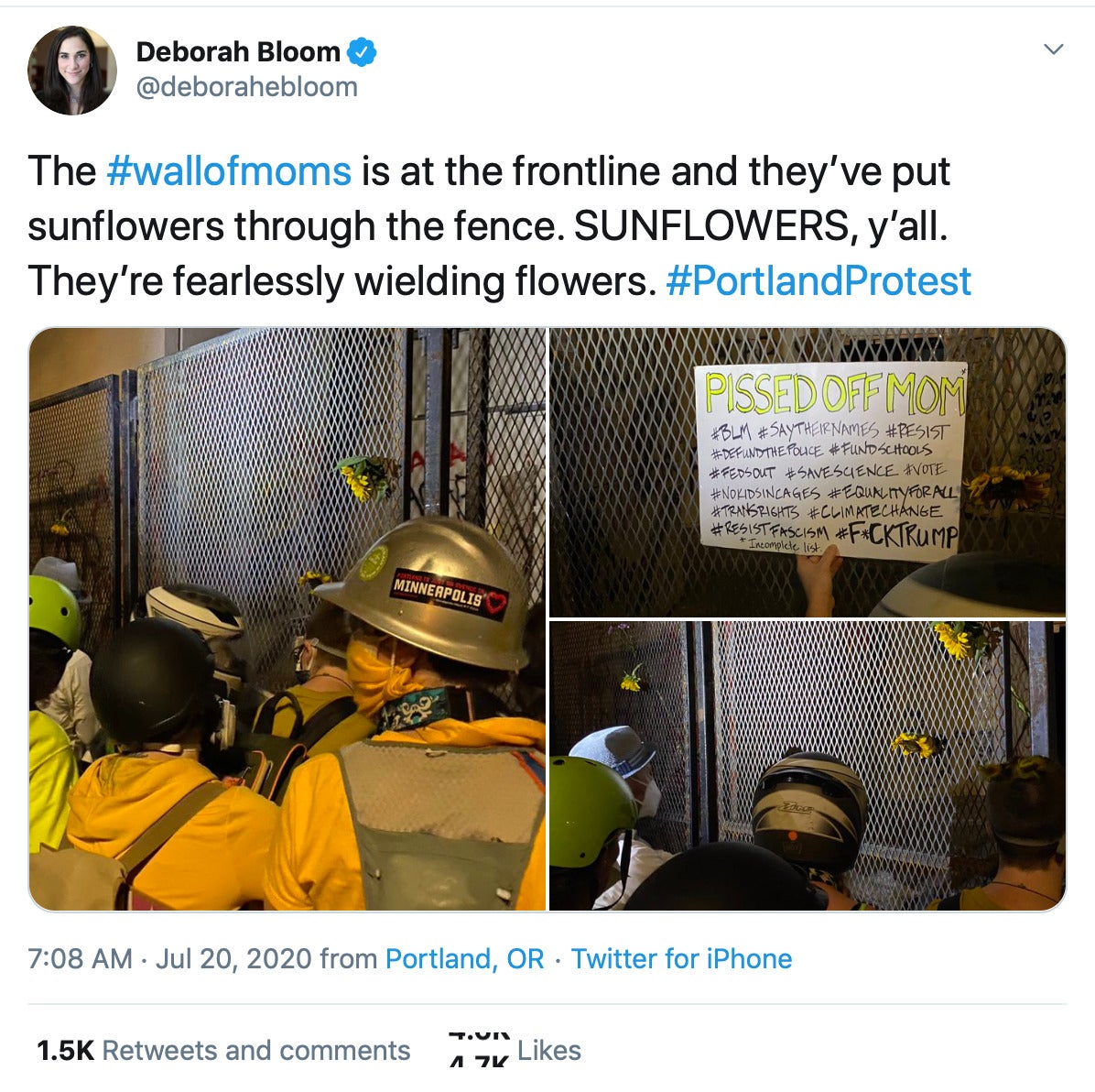 The #wallofmoms is at the frontline and they’ve put sunflowers through the fence. SUNFLOWERS, y’all. They’re fearlessly wielding flowers. #PortlandProtest