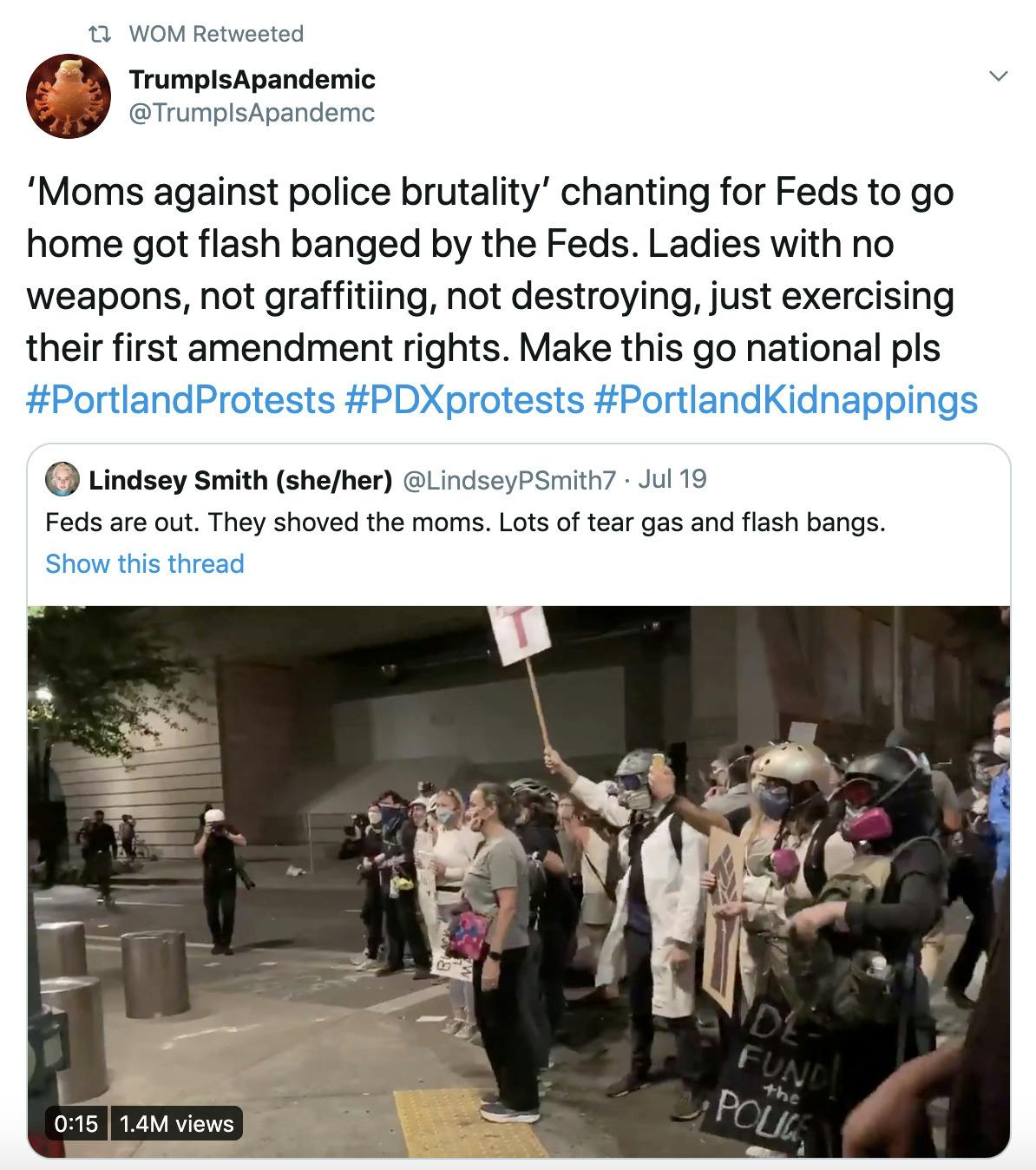 ‘Moms against police brutality’ chanting for Feds to go home got flash banged by the Feds. Ladies with no weapons, not graffitiing, not destroying, just exercising their first amendment rights. Make this go national pls #PortlandProtests #PDXprotests #PortlandKidnappings
