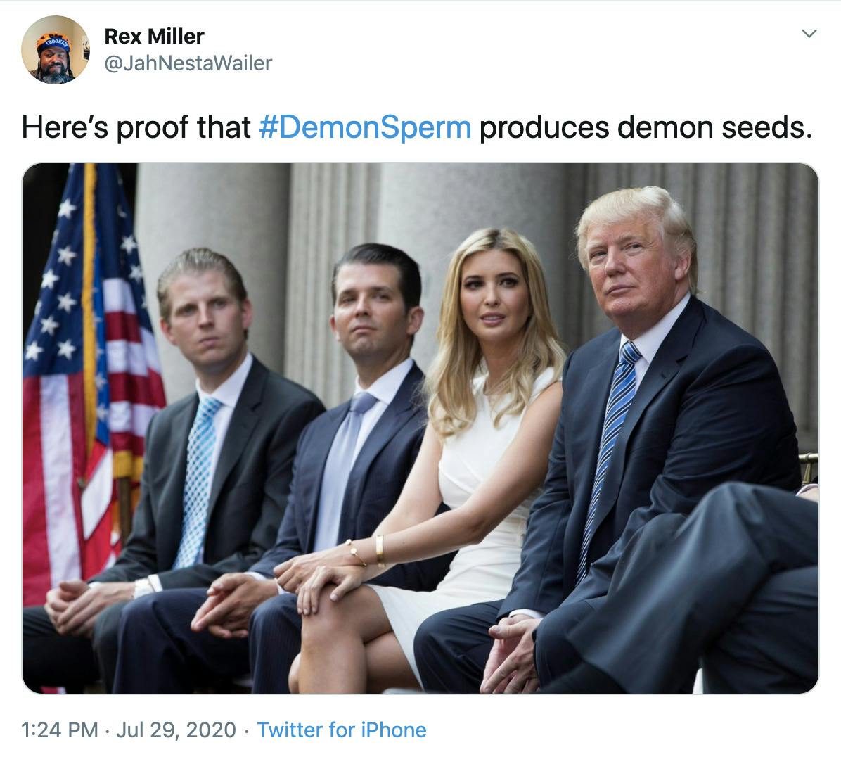 "Here’s proof that #DemonSperm produces demon seeds." image of Trumo and his children