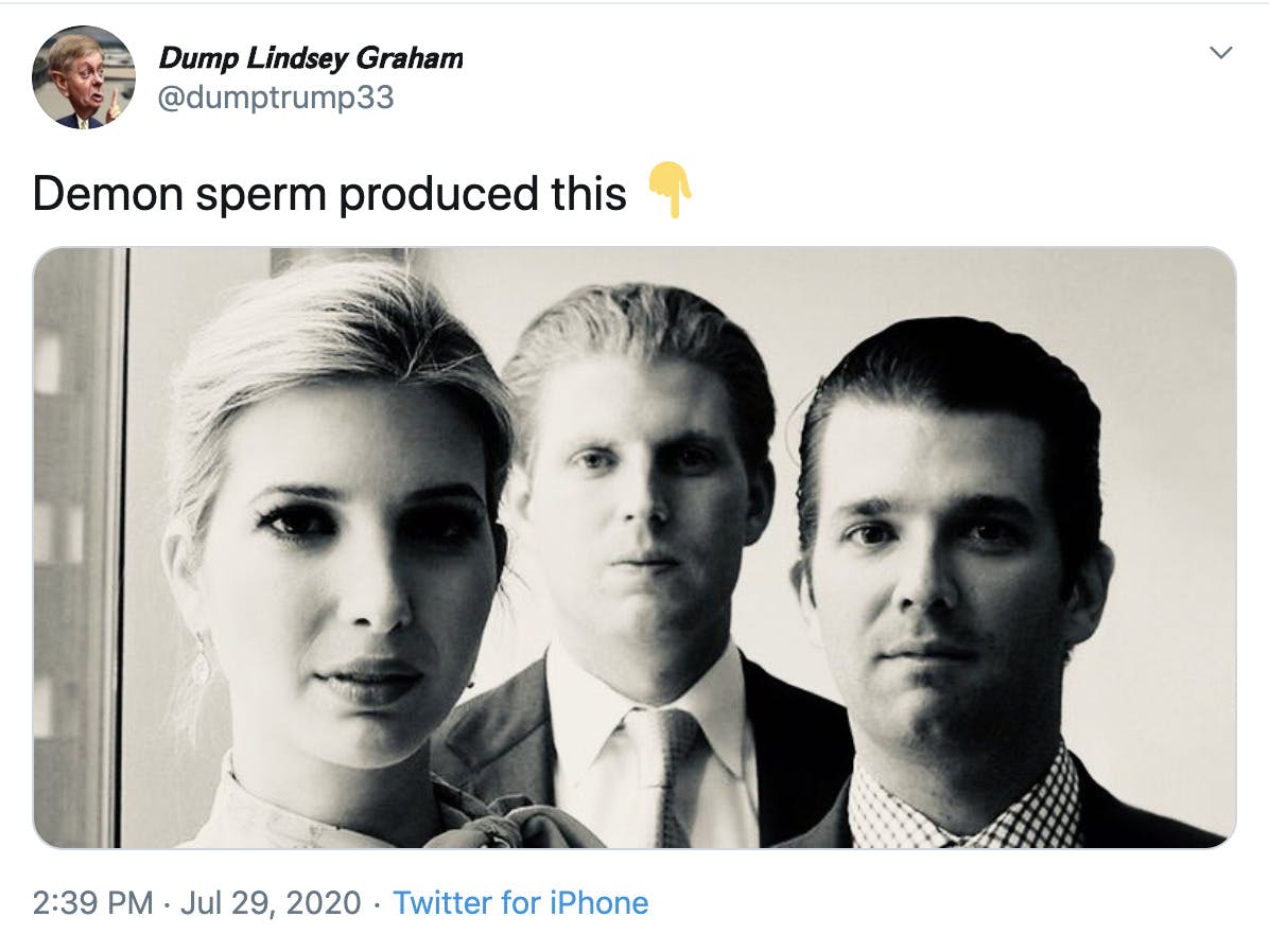 "Demon sperm produced this 👇" eerily lit black and white photo of Trump's three eldest children