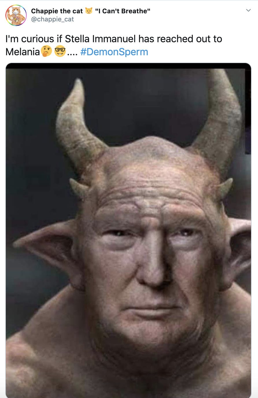 "I'm curious if Stella Immanuel has reached out to MelaniaThinking faceNerd face.... #DemonSperm" creepy photoshop of Trump as a demon with horns and fleshy pointed ears