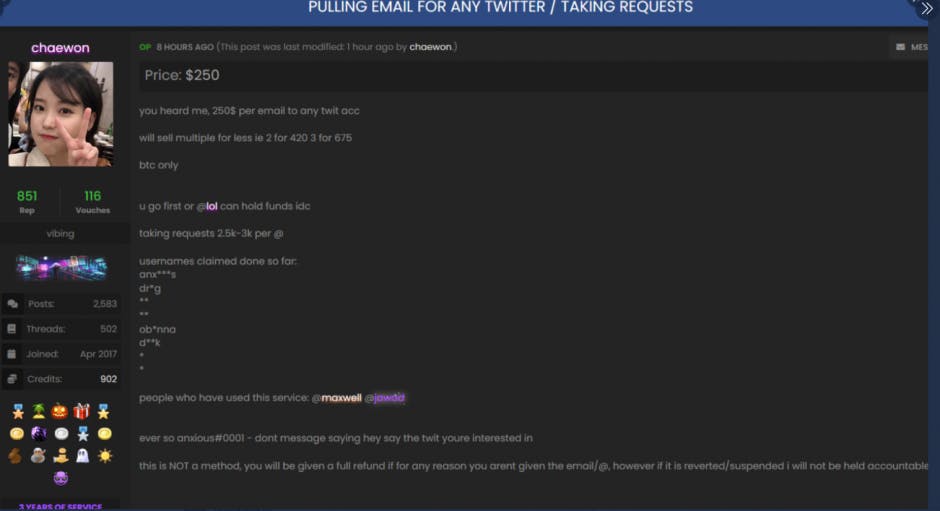 A post on a popular cybercrime forum about Twitter