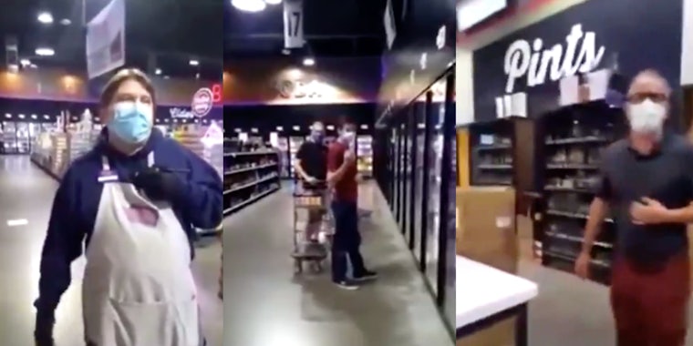 People reacting to a woman without a face mask in a liquor store