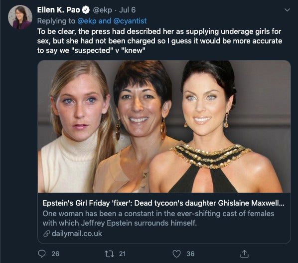 Ellen Pao Ghislaine Maxwell tweets