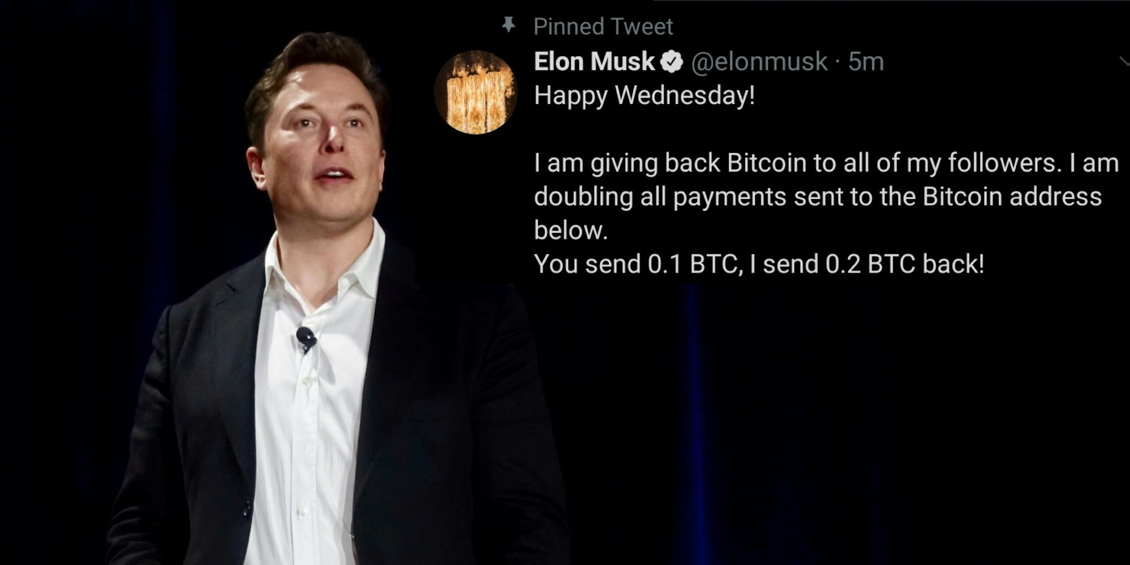 Elon Musk next to a scam tweet