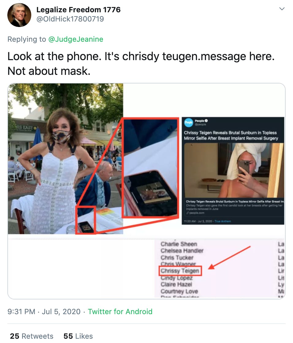 A tweet about Jeanine Pirro's phone and a conspiracy involving Chrissy Teigen