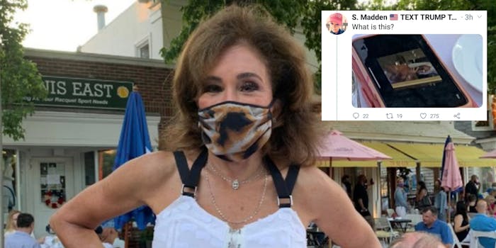 Jeanine Pirro in a mask next to a tweet about her cell phone