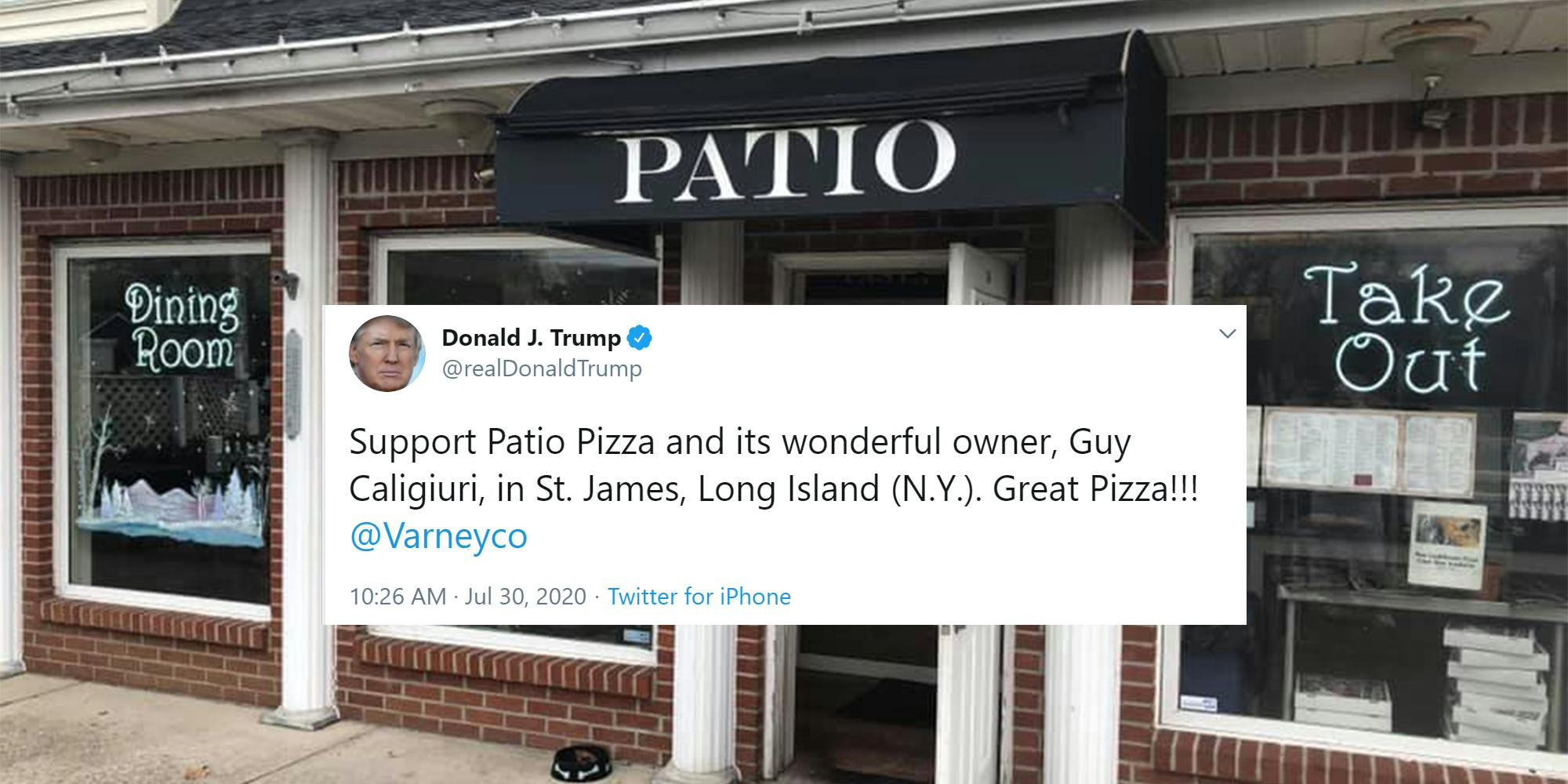 "Support Patio Pizza and its wonderful owner, Guy Caligiuri, in St. James, Long Island (N.Y.). Great Pizza!!! @Varneyco" tweet over Patio Pizza storefront
