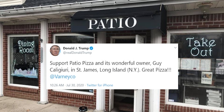 'Support Patio Pizza and its wonderful owner, Guy Caligiuri, in St. James, Long Island (N.Y.). Great Pizza!!! @Varneyco' tweet over Patio Pizza storefront