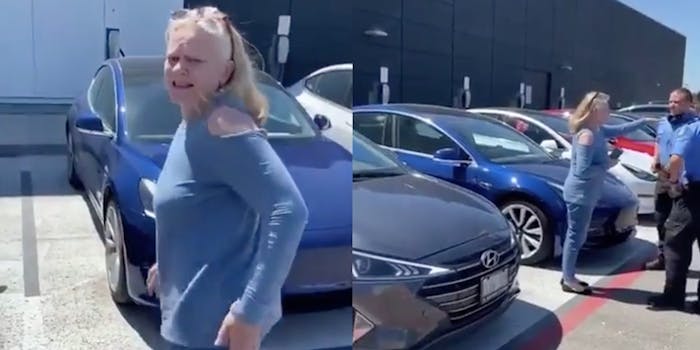 Tesla Karen getting angry about not being able to park in electric vehicle parking spot