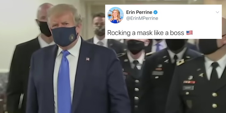 President Donald Trump in a face mask next to a tweet praising him
