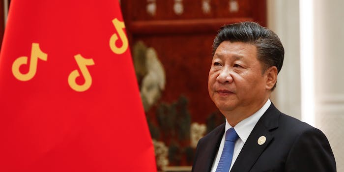 Xi Jinping looks at Chinese flag with stars replaced by TikTok logos