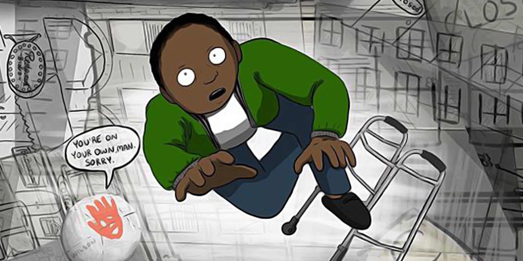 man with walker being told 'you're on your own, man. sorry' by a volleyball with a handprint on it