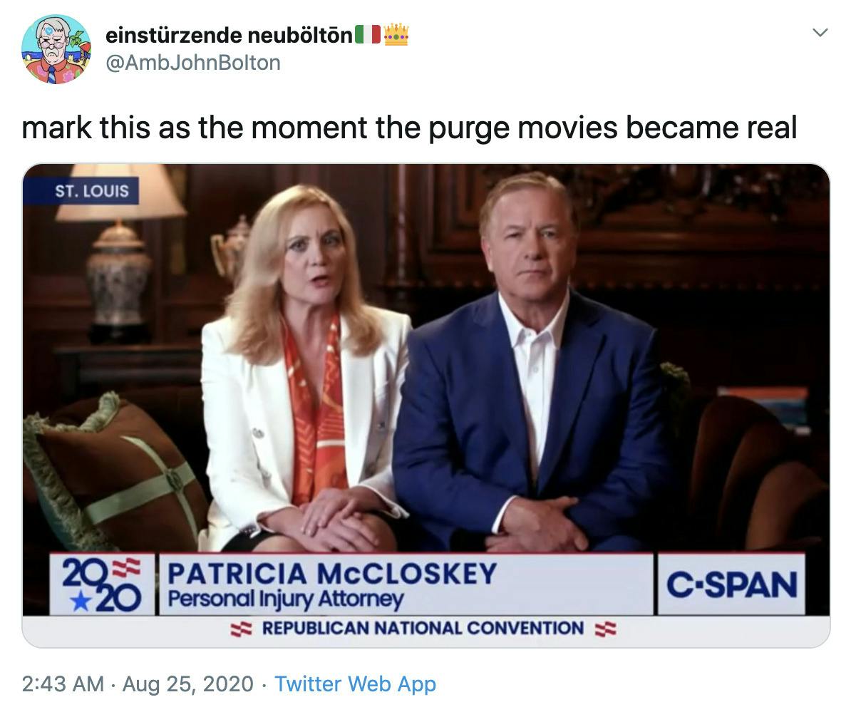 "mark this as the moment the purge movies became real" still from the McCloskey's speech