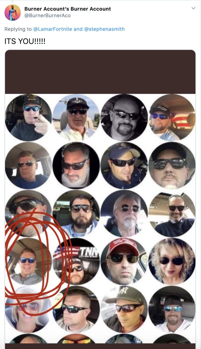 "ITS YOU!!!!!" over a meme made up sunglass wearing twitter avatars with retweeter circled in red