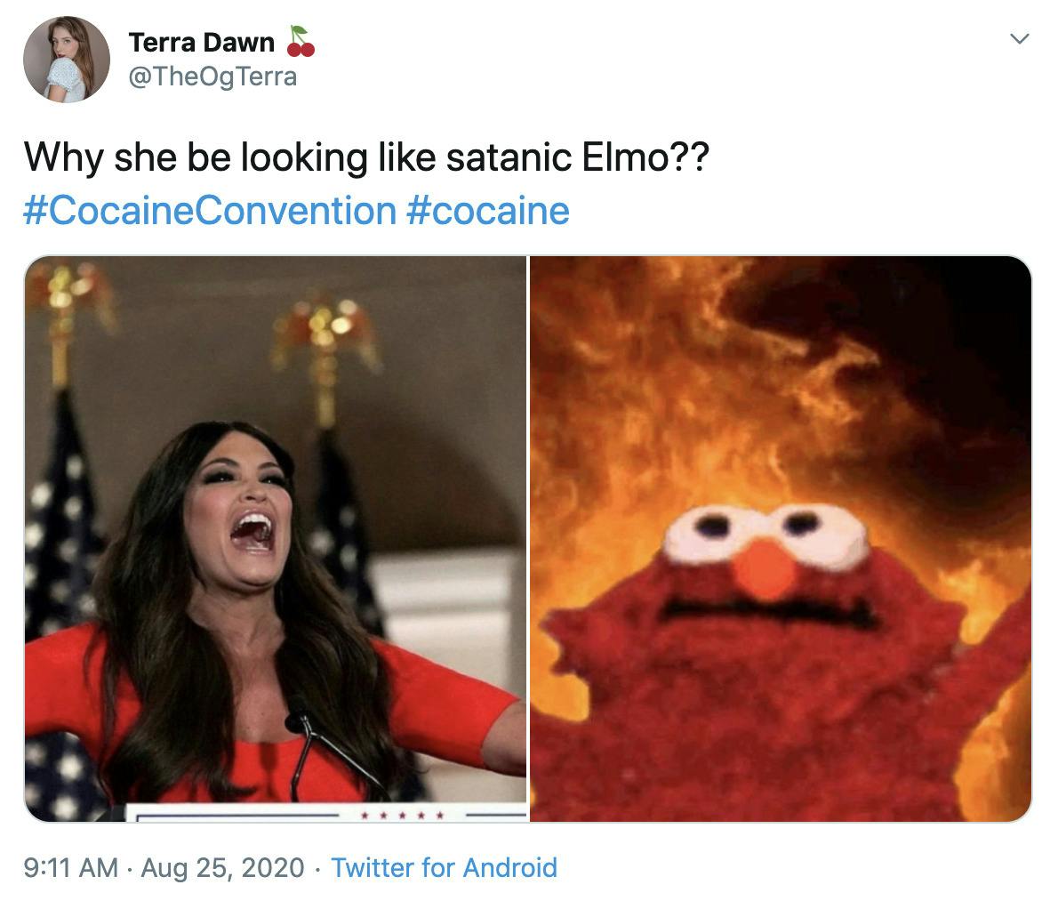 "Why she be looking like satanic Elmo?? #CocaineConvention #cocaine" Image of Guilfoyle next to the Elmo against the backdrop of flames meme