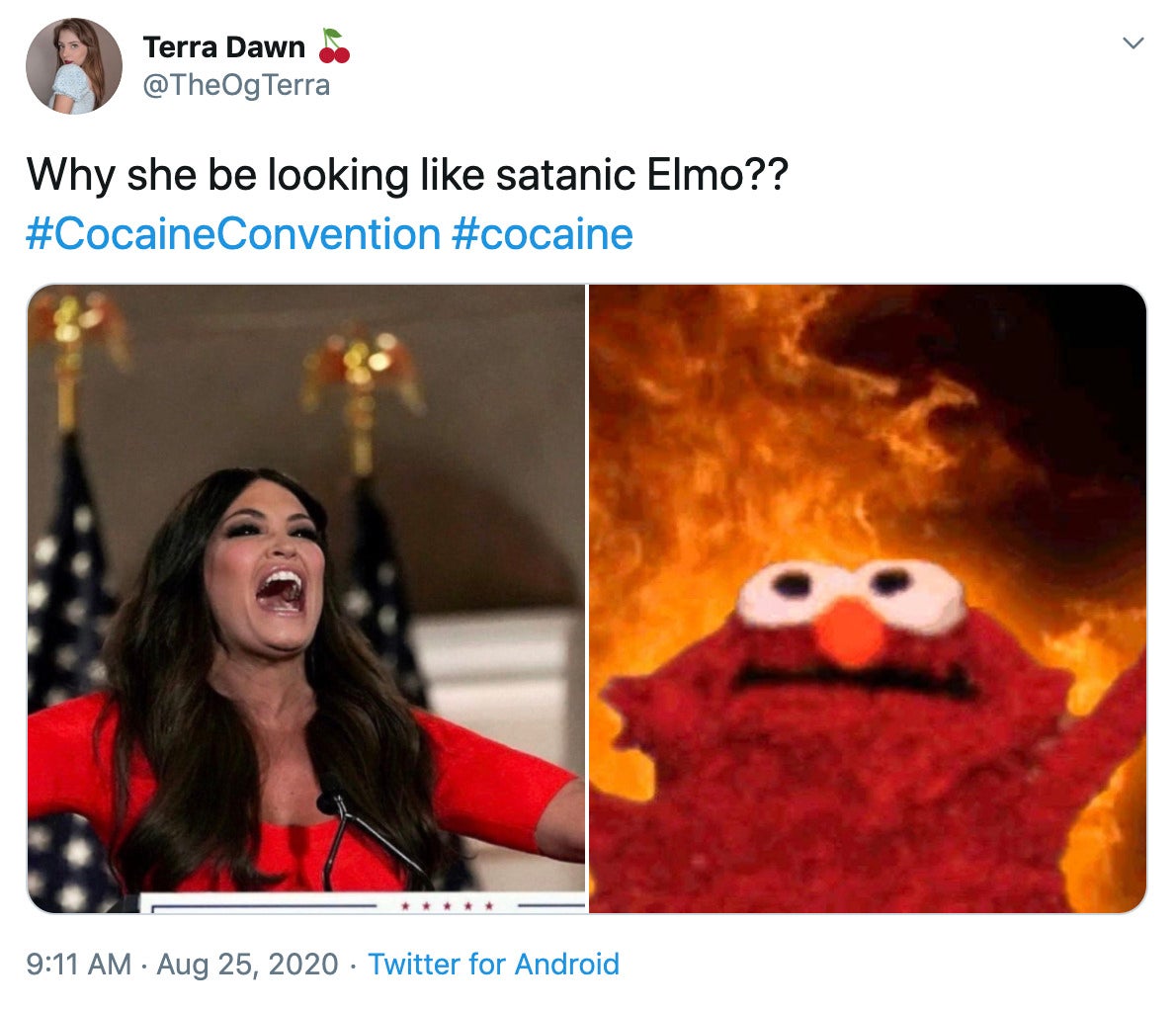 "Why she be looking like satanic Elmo?? #CocaineConvention #cocaine" Image of Guilfoyle next to the Elmo against the backdrop of flames meme