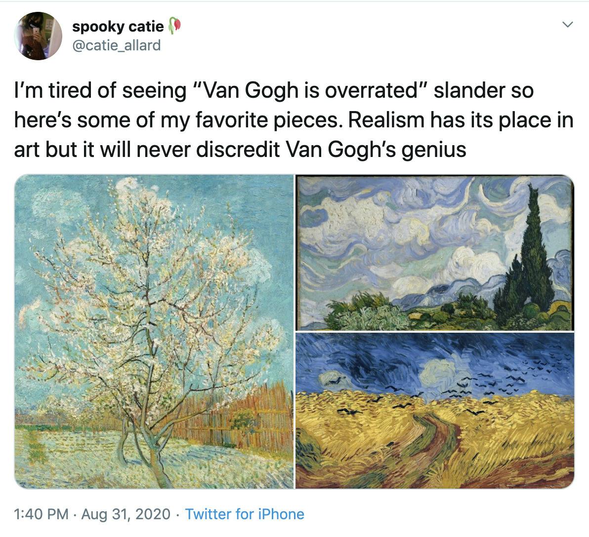 "Photo realism is great, I dont discount the amount of skill it takes and several mediums of art (Video Games for example) can make great use of it. That said Van Gogh wasn't about realism, it was about taking how HE saw the world and putting on a canvas for us all to enjoy." screenshot of the original tweet