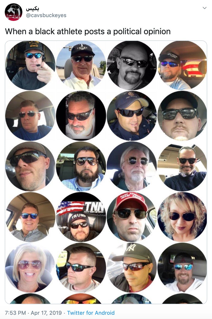 'When a black athlete posts a political opinion' image of a selection of Twitter avatars featuring white people in sunglasses against a white background