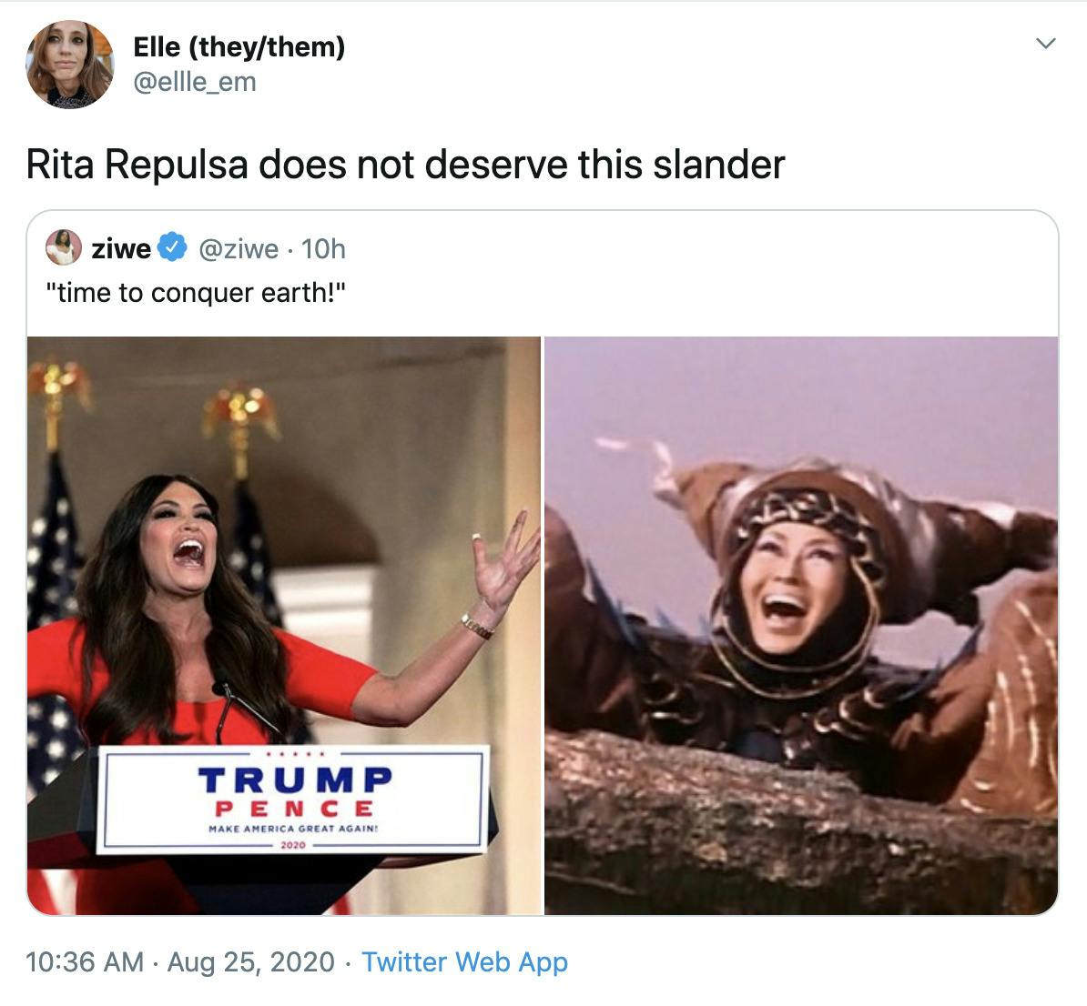 "Rita Repulsa does not deserve this slander" quote retweet of @ziwe "time to conquer earth!" over image of Guilfoyle next to Rita Repulsa