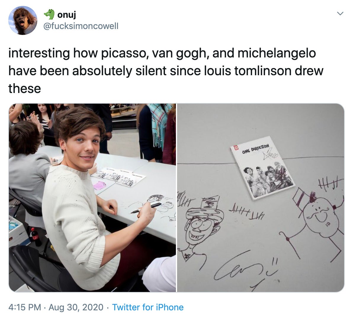 "interesting how picasso, van gogh, and michelangelo have been absolutely silent since louis tomlinson drew these" image of Tomlinson drawing next to his doodles