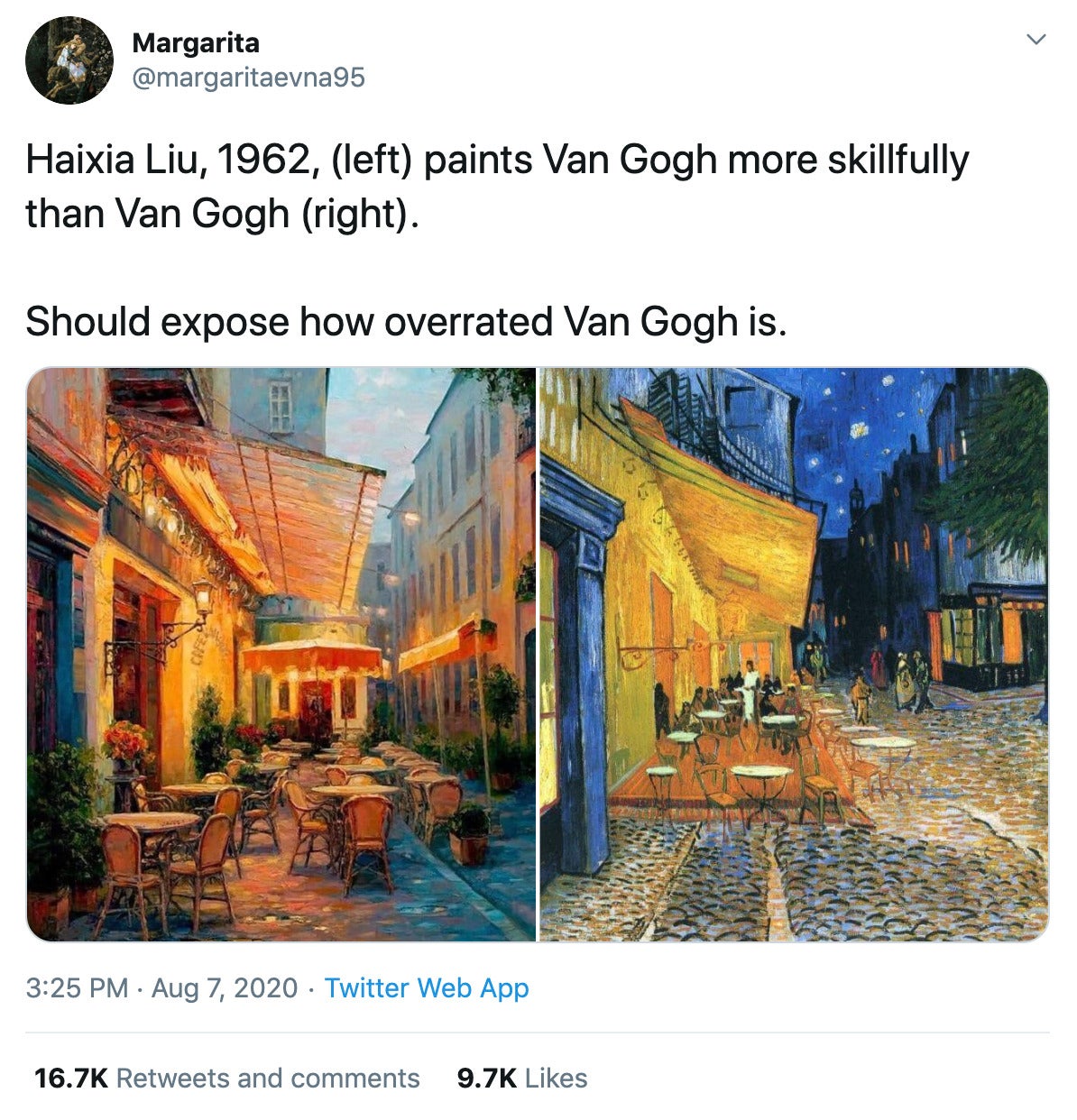 "Haixia Liu, 1962, (left) paints Van Gogh more skillfully than Van Gogh (right).  Should expose how overrated Van Gogh is." the two paintings side by side, both show a street cafe at night but one is more realistic and the other more abstract