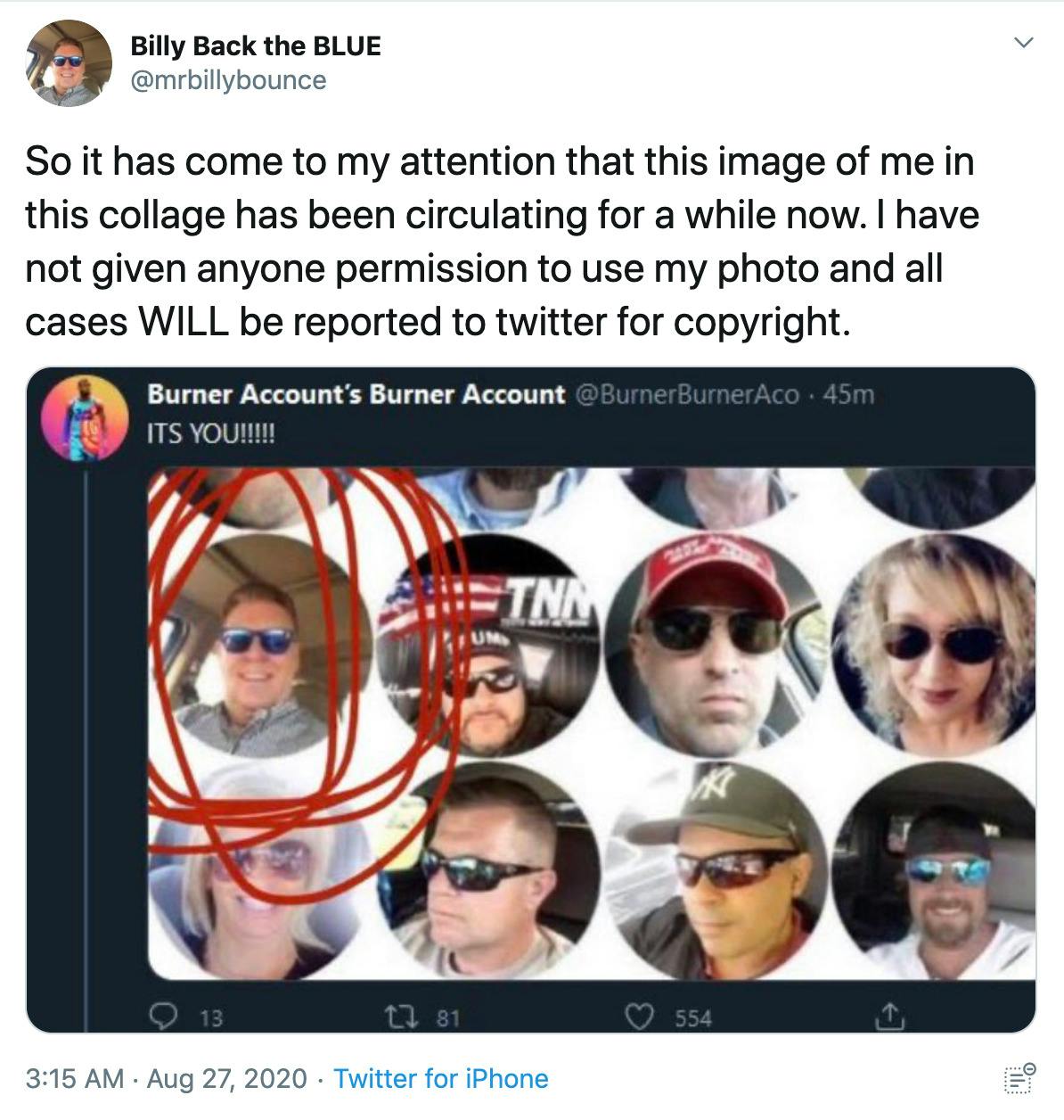 "So it has come to my attention that this image of me in this collage has been circulating for a while now. I have not given anyone permission to use my photo and all cases WILL be reported to twitter for copyright." screenshot of a tweet saying "this is you" over a meme made up sunglass wearing twitter avatars with retweeter circled in red