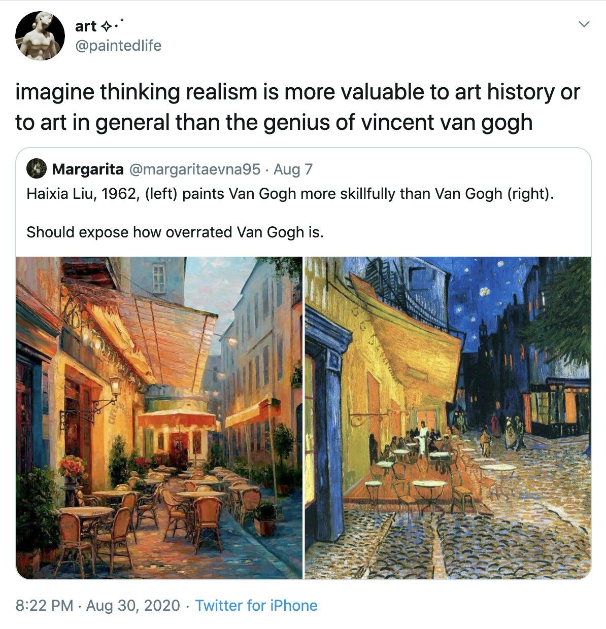 "The fetishization of realism kills art." screenshot of original tweet
