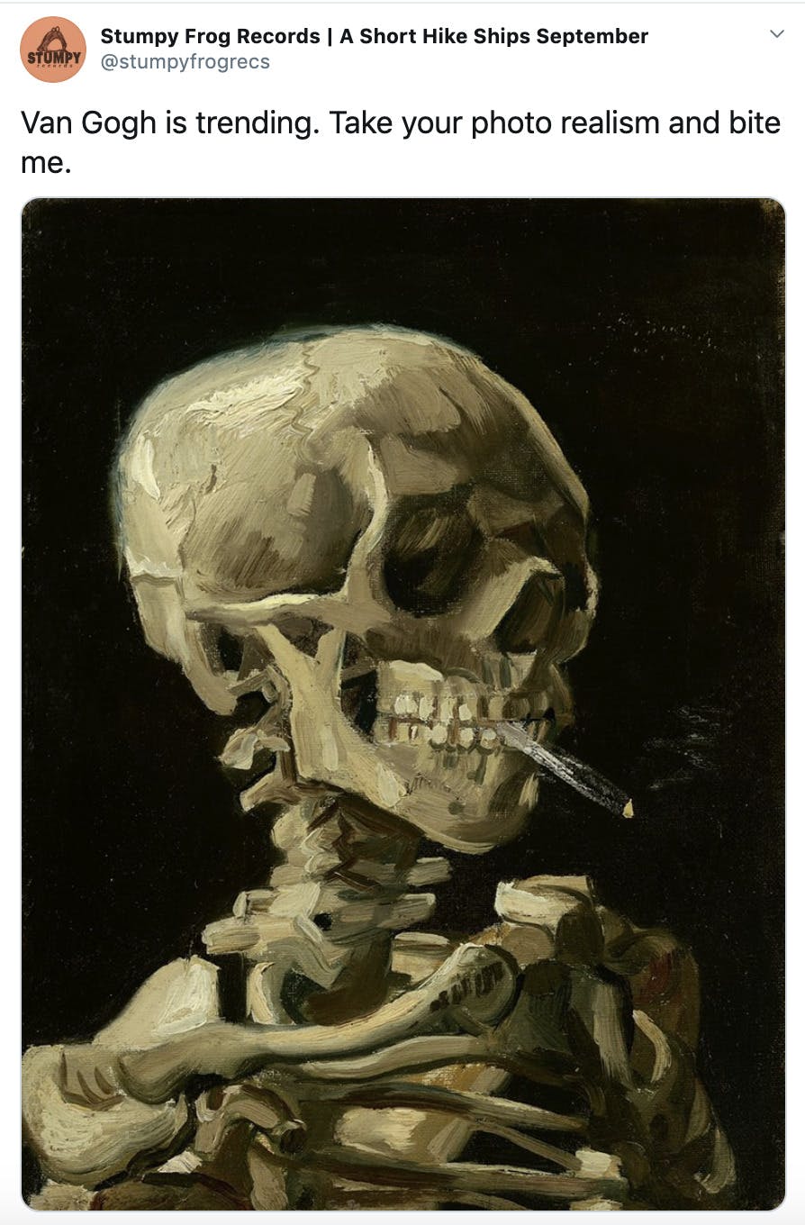 "Van Gogh is trending. Take your photo realism and bite me." Van Gogh painting of a skeleton smoking a cigarette 