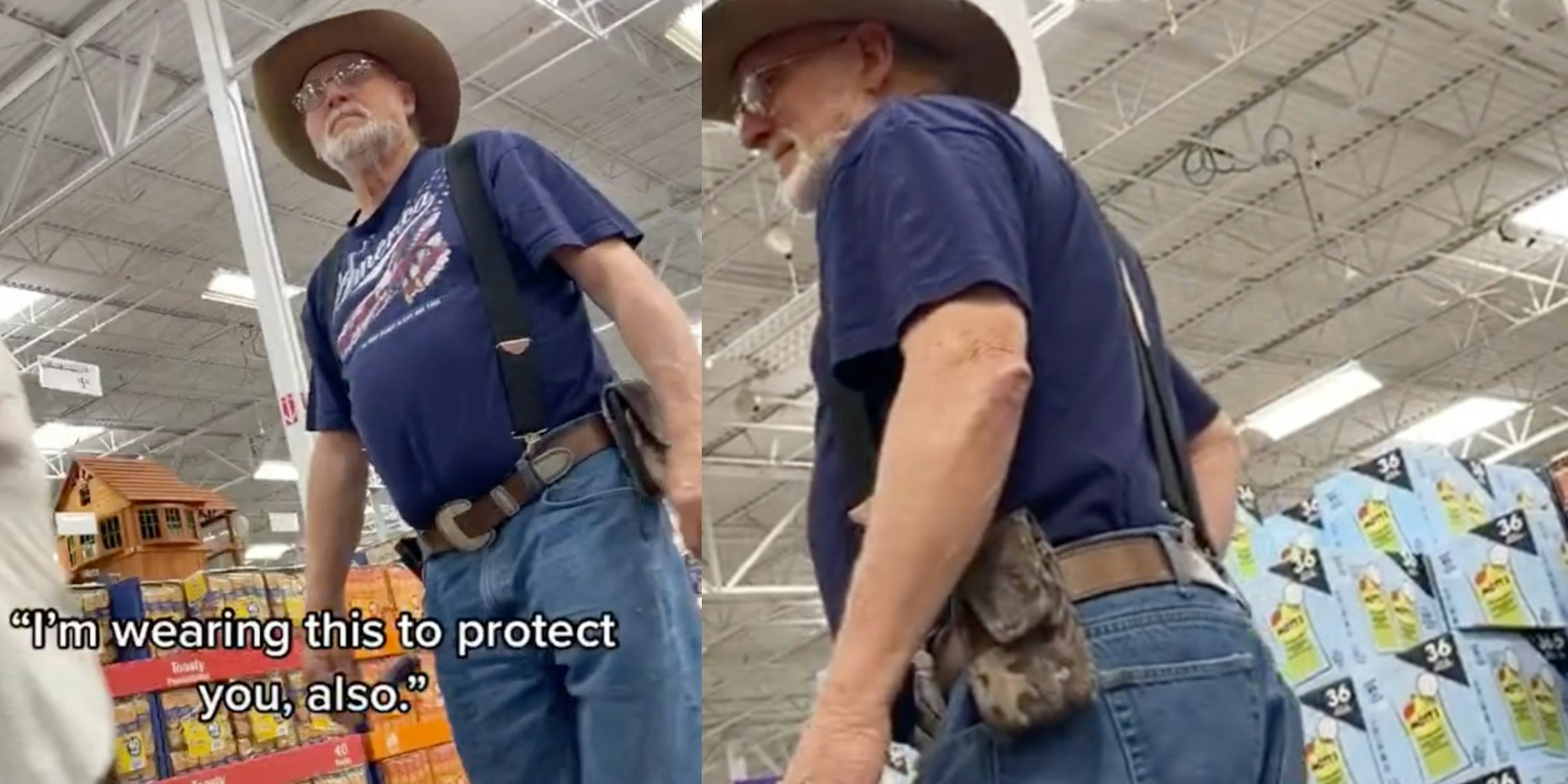 Man carrying a gun not wearing a mask confronted in supermarket