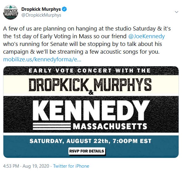 Dropkick Murphys Joe Kennedy Ed Markey Senate Race Event Tweet