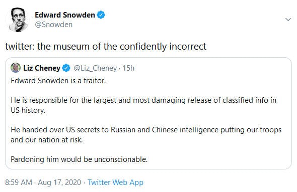 Edward Snowden Response Liz Cheney Tweet